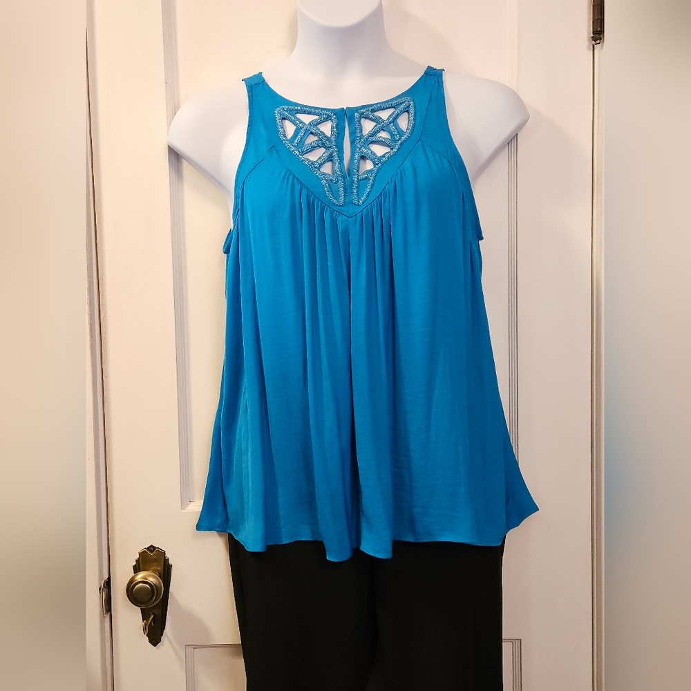 a.n.a. Flowy Blue Women's Tank Top With Cutout And Beading - Size Petite XL